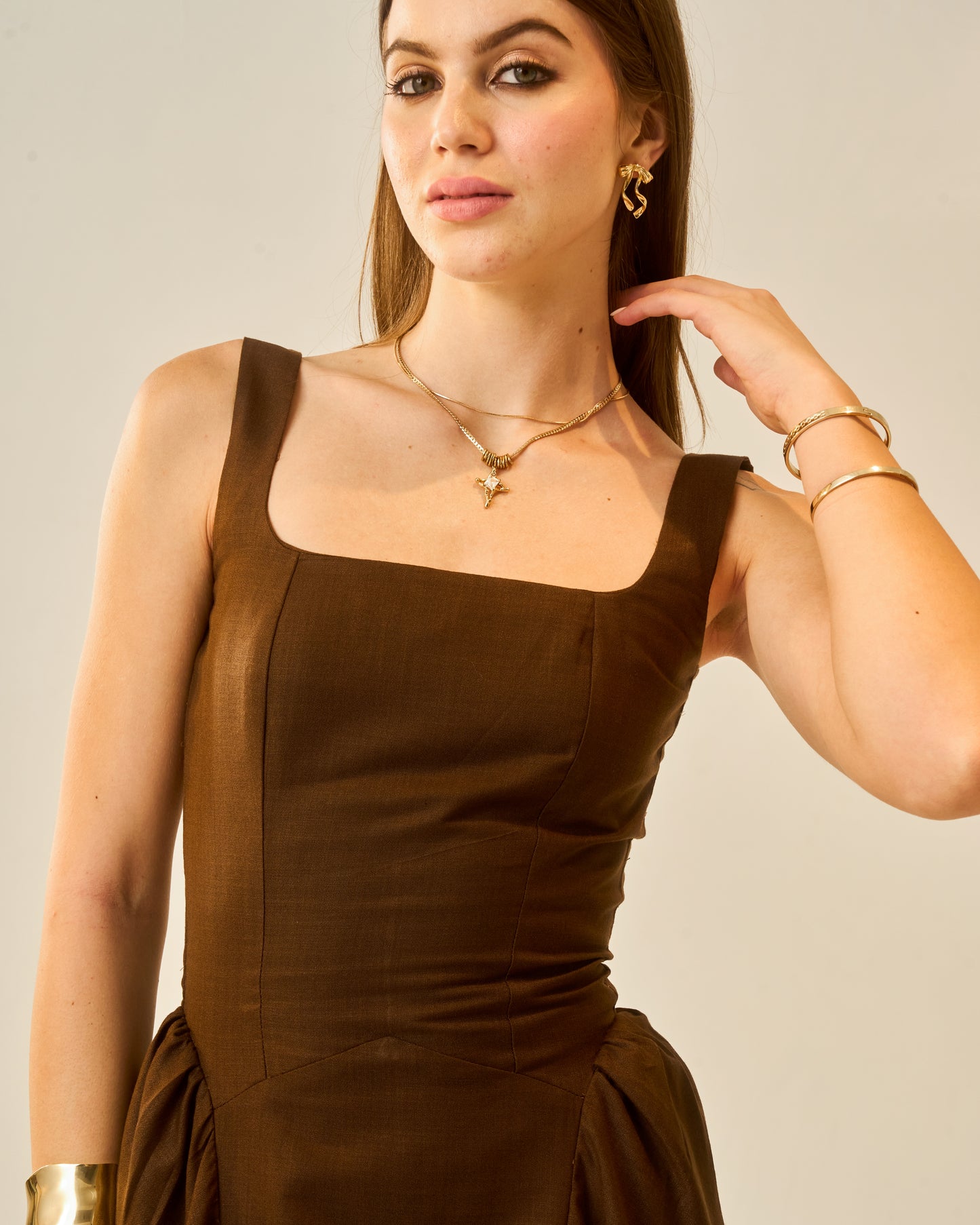 Chestnut Dusk Brown Sleeveless Women Midi Dress – Square Neck A-Line Fit