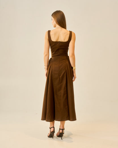 Chestnut Dusk Brown Sleeveless Women Midi Dress – Square Neck A-Line Fit