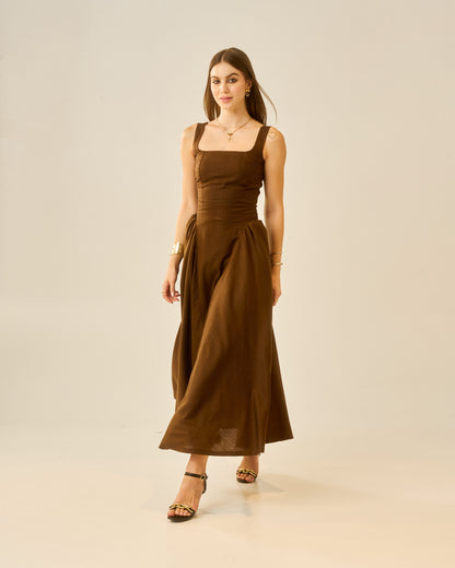 Chestnut Dusk Brown Sleeveless Women Midi Dress – Square Neck A-Line Fit