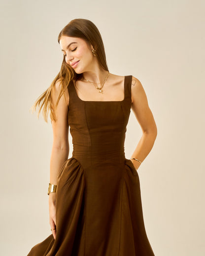 Chestnut Dusk Brown Sleeveless Women Midi Dress – Square Neck A-Line Fit
