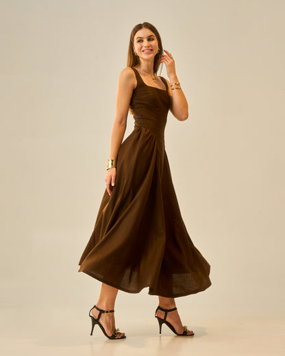 Chestnut Dusk Brown Sleeveless Women Midi Dress – Square Neck A-Line Fit