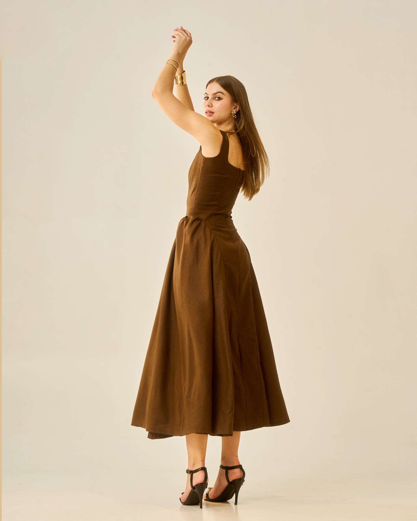 Chestnut Dusk Brown Sleeveless Women Midi Dress – Square Neck A-Line Fit