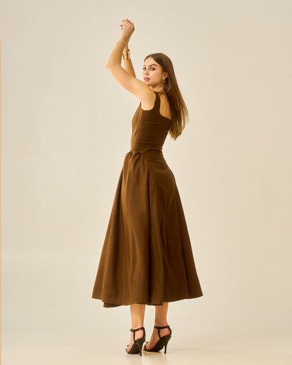 Chestnut Dusk Brown Sleeveless Women Midi Dress – Square Neck A-Line Fit