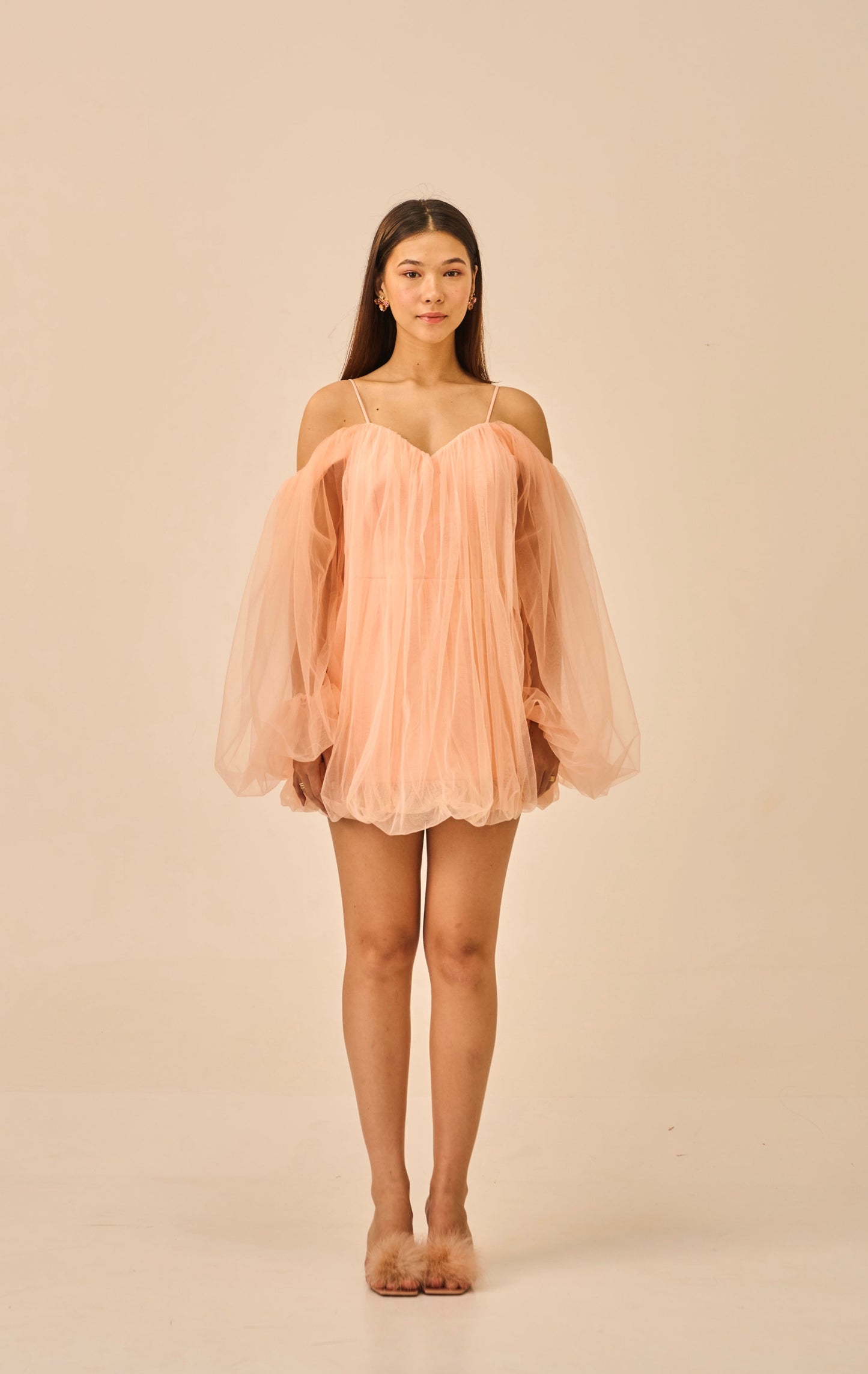Barely Blushed – Peach Off-Shoulder Tulle Mini Dress for Women