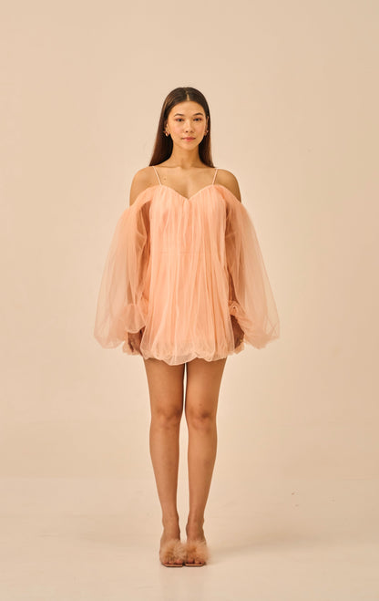Barely Blushed – Peach Off-Shoulder Tulle Mini Dress for Women