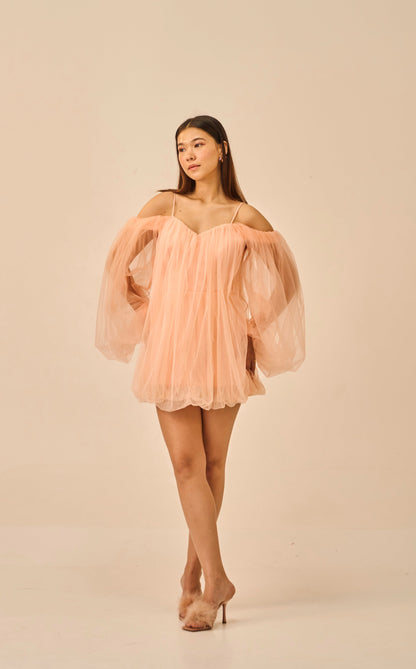 Barely Blushed – Peach Off-Shoulder Tulle Mini Dress for Women