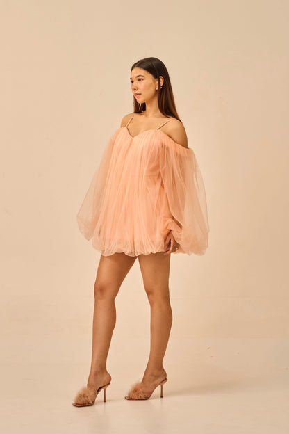 Barely Blushed – Peach Off-Shoulder Tulle Mini Dress for Women