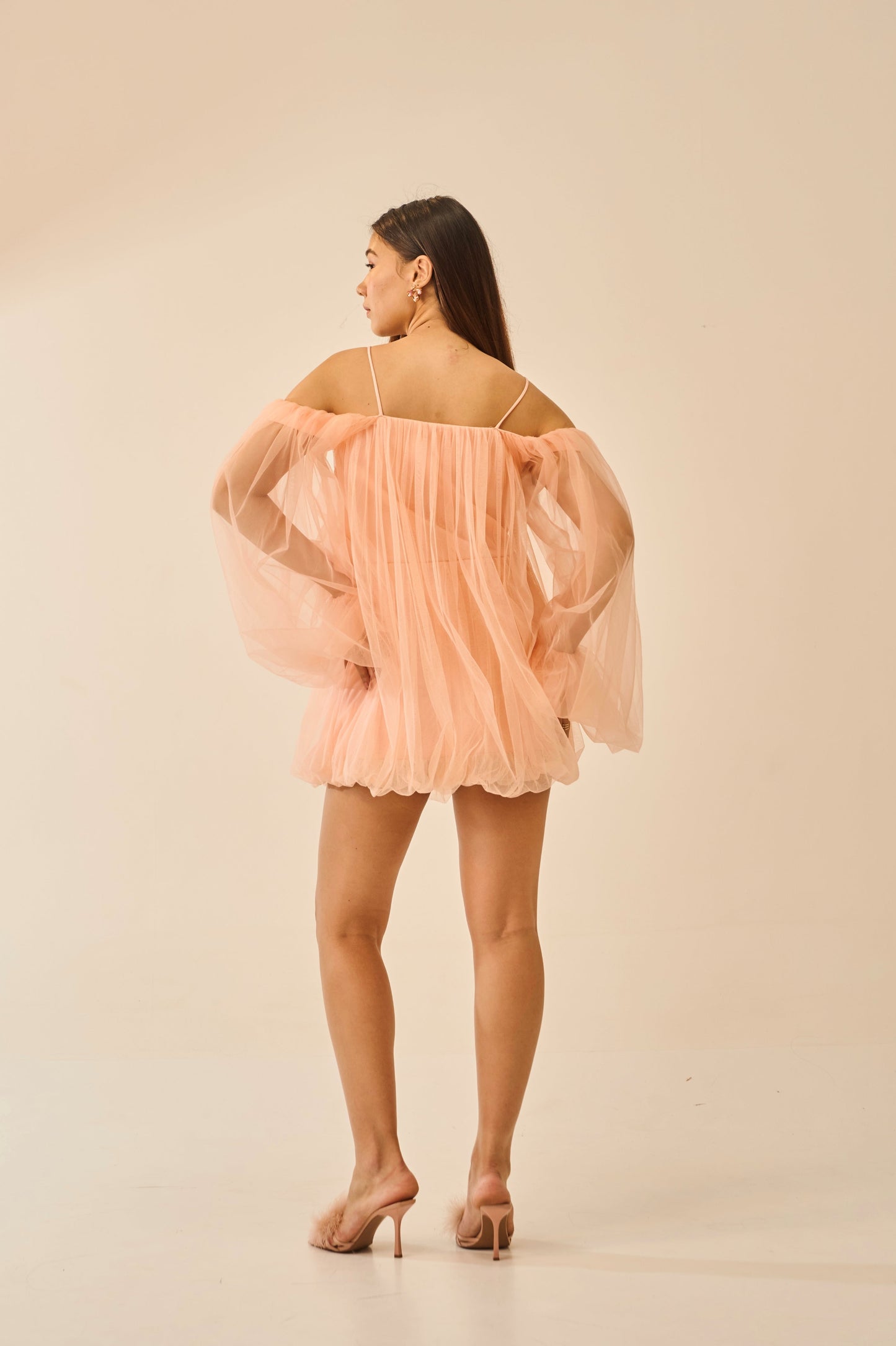 Barely Blushed – Peach Off-Shoulder Tulle Mini Dress for Women