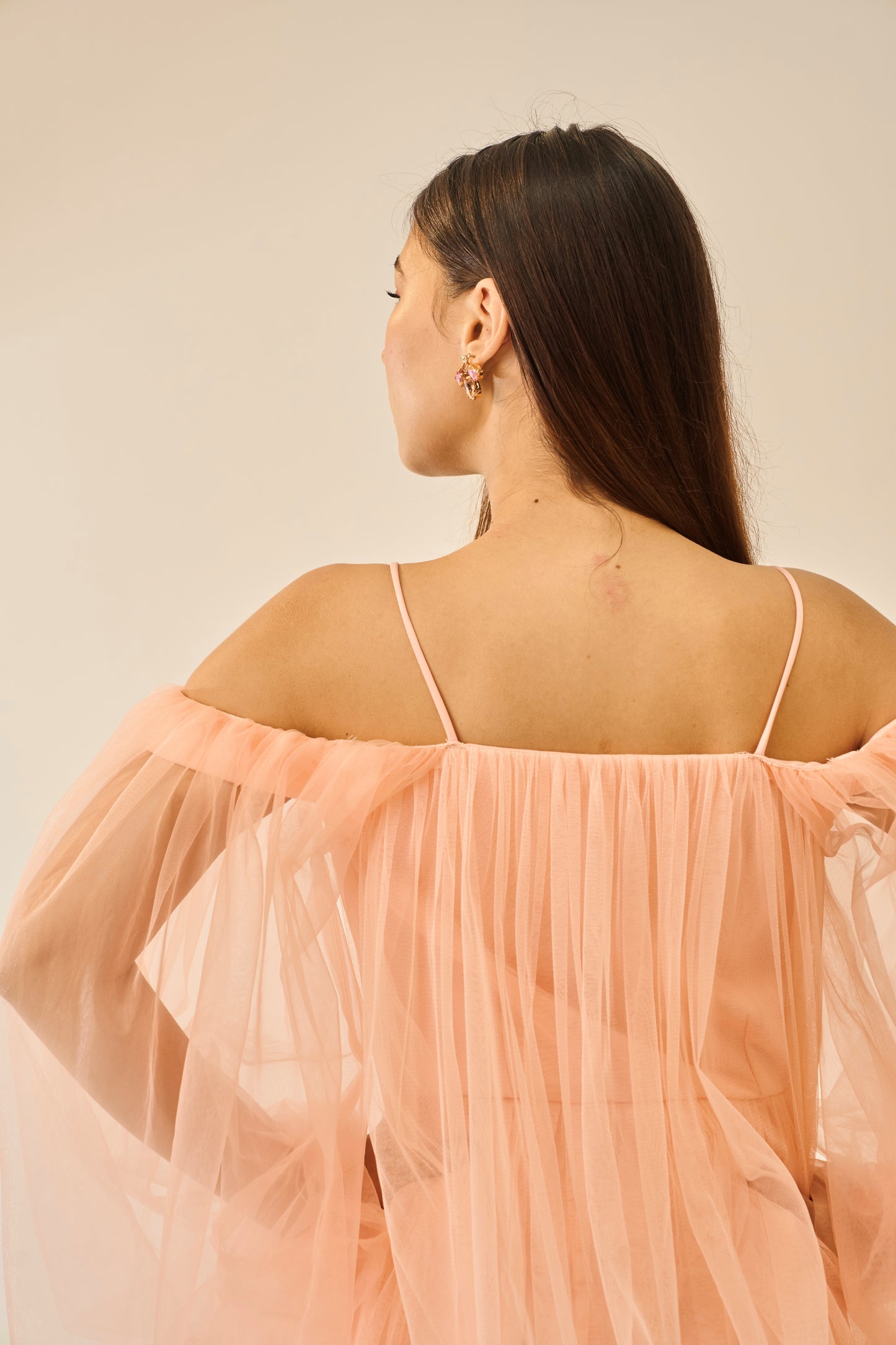 Barely Blushed – Peach Off-Shoulder Tulle Mini Dress for Women