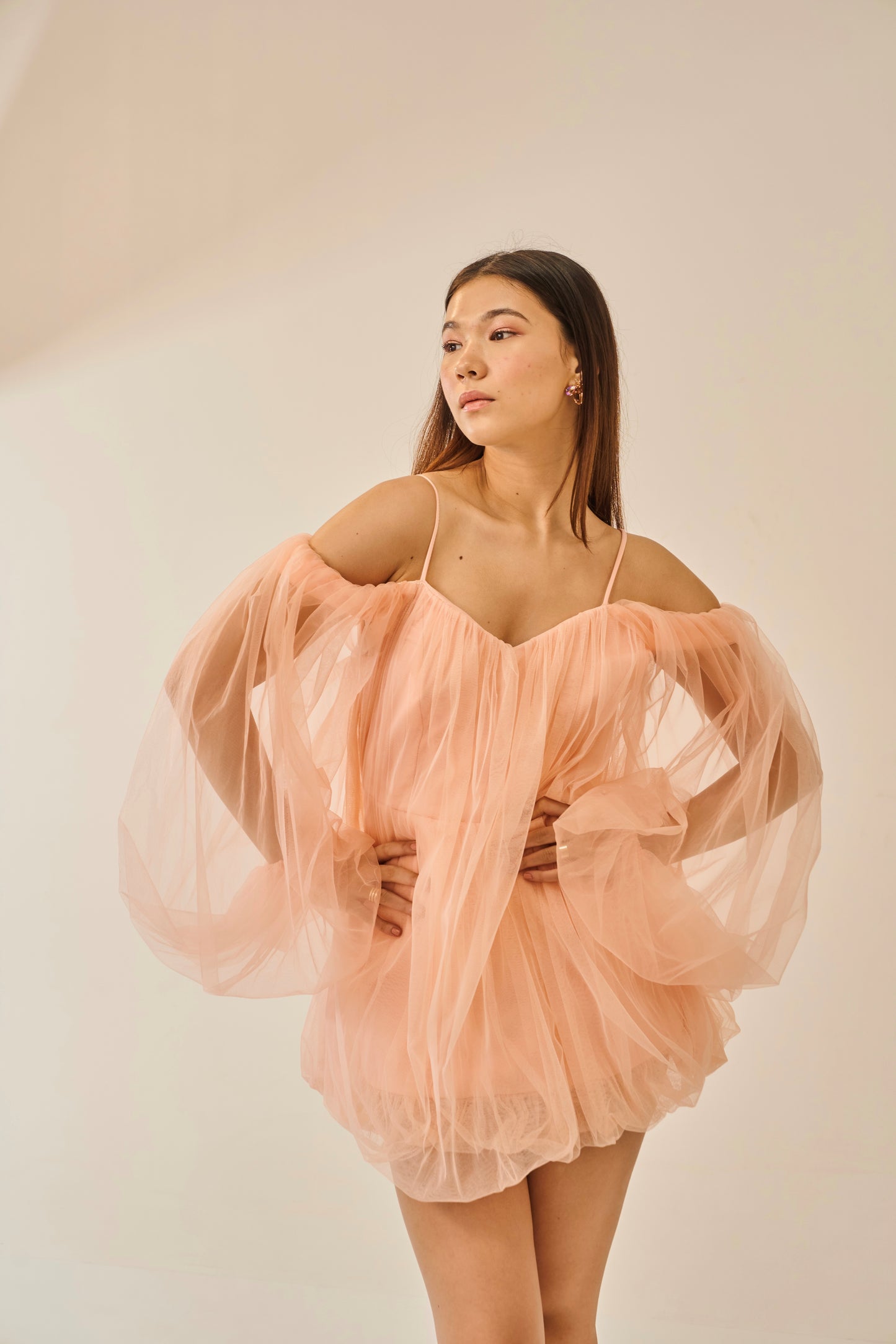 Barely Blushed – Peach Off-Shoulder Tulle Mini Dress for Women