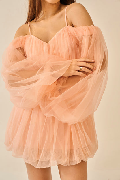 Barely Blushed – Peach Off-Shoulder Tulle Mini Dress for Women
