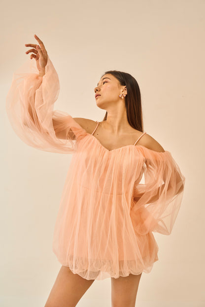 Barely Blushed – Peach Off-Shoulder Tulle Mini Dress for Women
