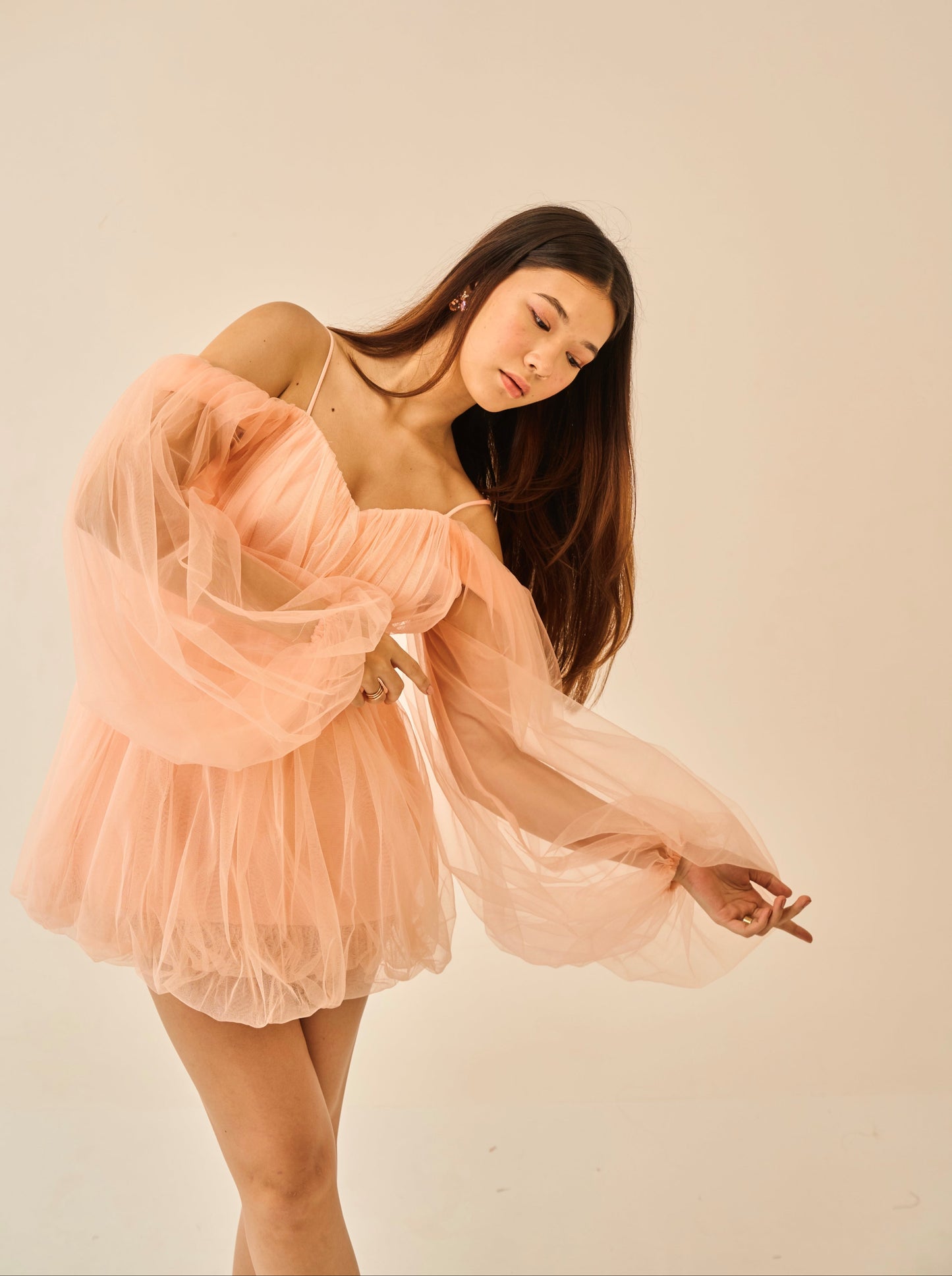 Barely Blushed – Peach Off-Shoulder Tulle Mini Dress for Women