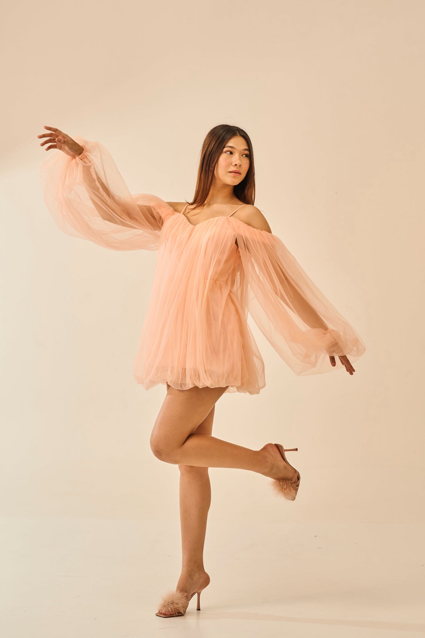 Barely Blushed – Peach Off-Shoulder Tulle Mini Dress for Women