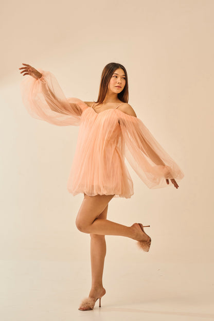 Barely Blushed – Peach Off-Shoulder Tulle Mini Dress for Women