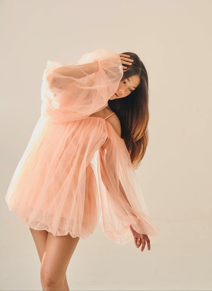 Barely Blushed – Peach Off-Shoulder Tulle Mini Dress for Women