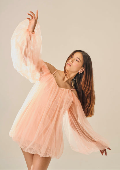 Barely Blushed – Peach Off-Shoulder Tulle Mini Dress for Women