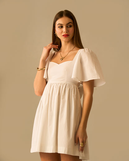 Ethereal Soul White Tie-Back Cotton Mini Dress for Women – Sweetheart Neck