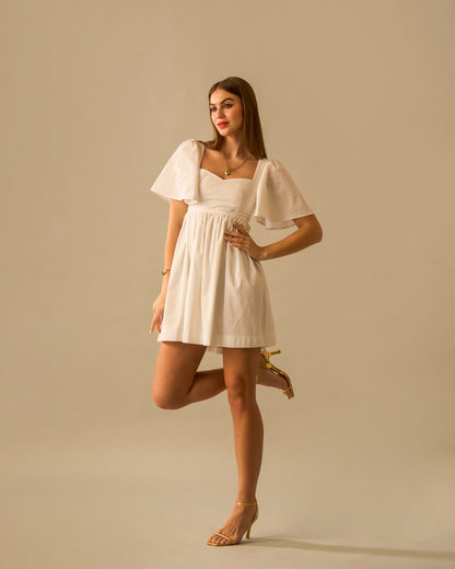 Ethereal Soul White Tie-Back Cotton Mini Dress for Women – Sweetheart Neck