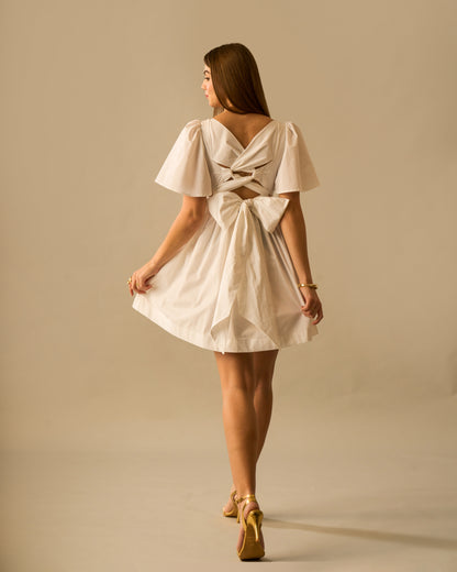 Ethereal Soul White Tie-Back Cotton Mini Dress for Women – Sweetheart Neck