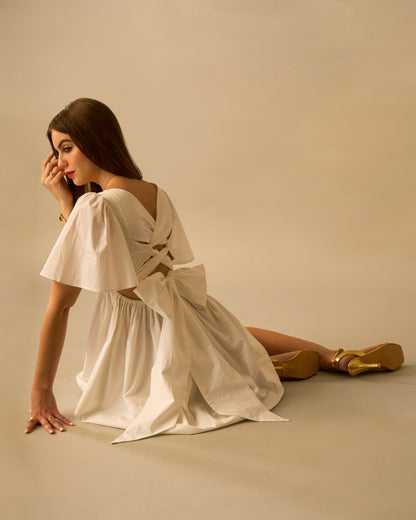 Ethereal Soul White Tie-Back Cotton Mini Dress for Women – Sweetheart Neck