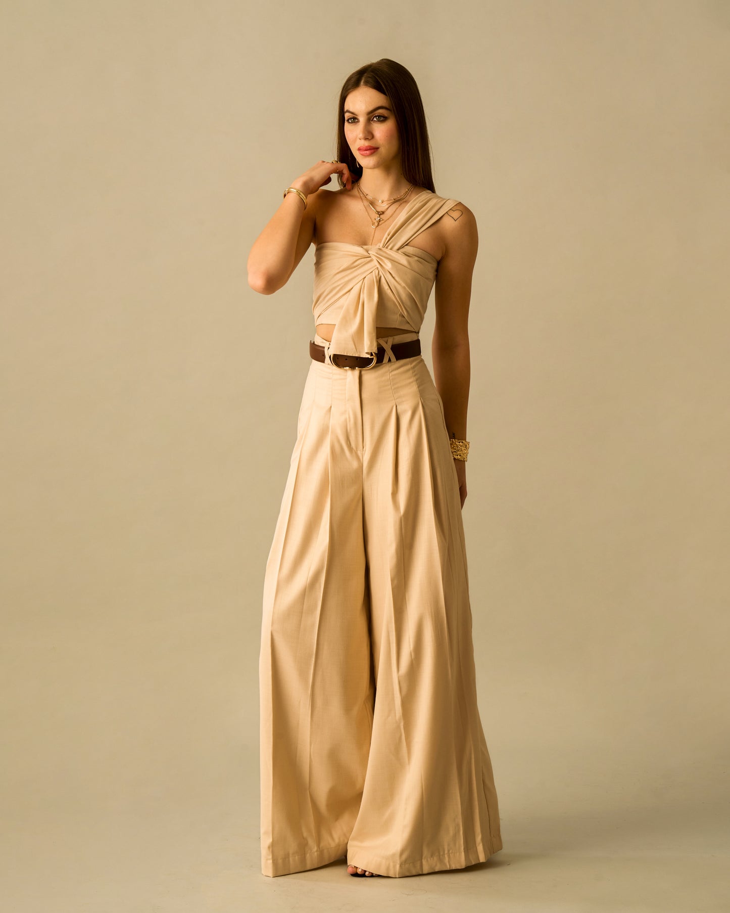 Golden Embrace High-Waisted Wide-Leg Beige Trousers – Flared
