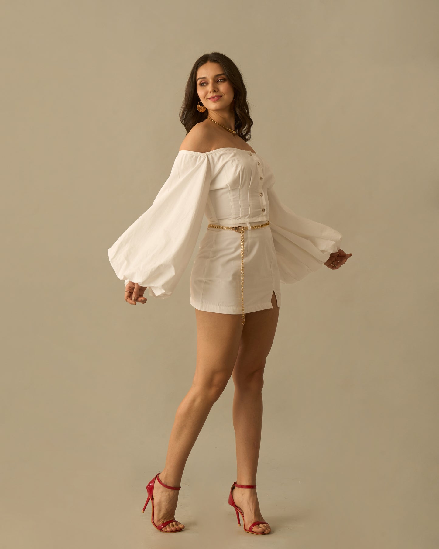 Crystal Moon White Puff Sleeve Coord Set for Women – Off-Shoulder Crop Top and High-Waisted Mini Skirt