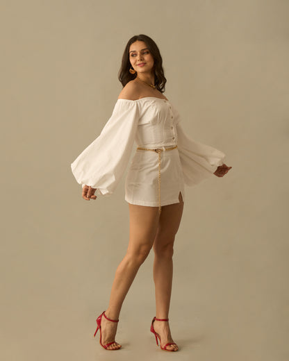 Crystal Moon White Puff Sleeve Coord Set for Women – Off-Shoulder Crop Top and High-Waisted Mini Skirt