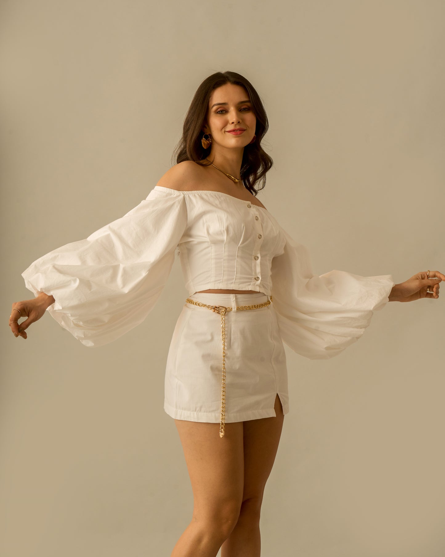 Crystal Moon White Puff Sleeve Coord Set for Women – Off-Shoulder Crop Top and High-Waisted Mini Skirt