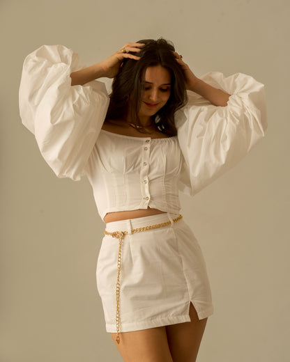 Crystal Moon White Puff Sleeve Coord Set for Women – Off-Shoulder Crop Top and High-Waisted Mini Skirt