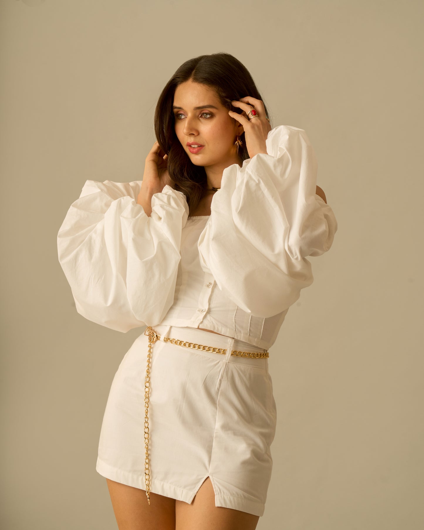 Crystal Moon White Puff Sleeve Coord Set for Women – Off-Shoulder Crop Top and High-Waisted Mini Skirt