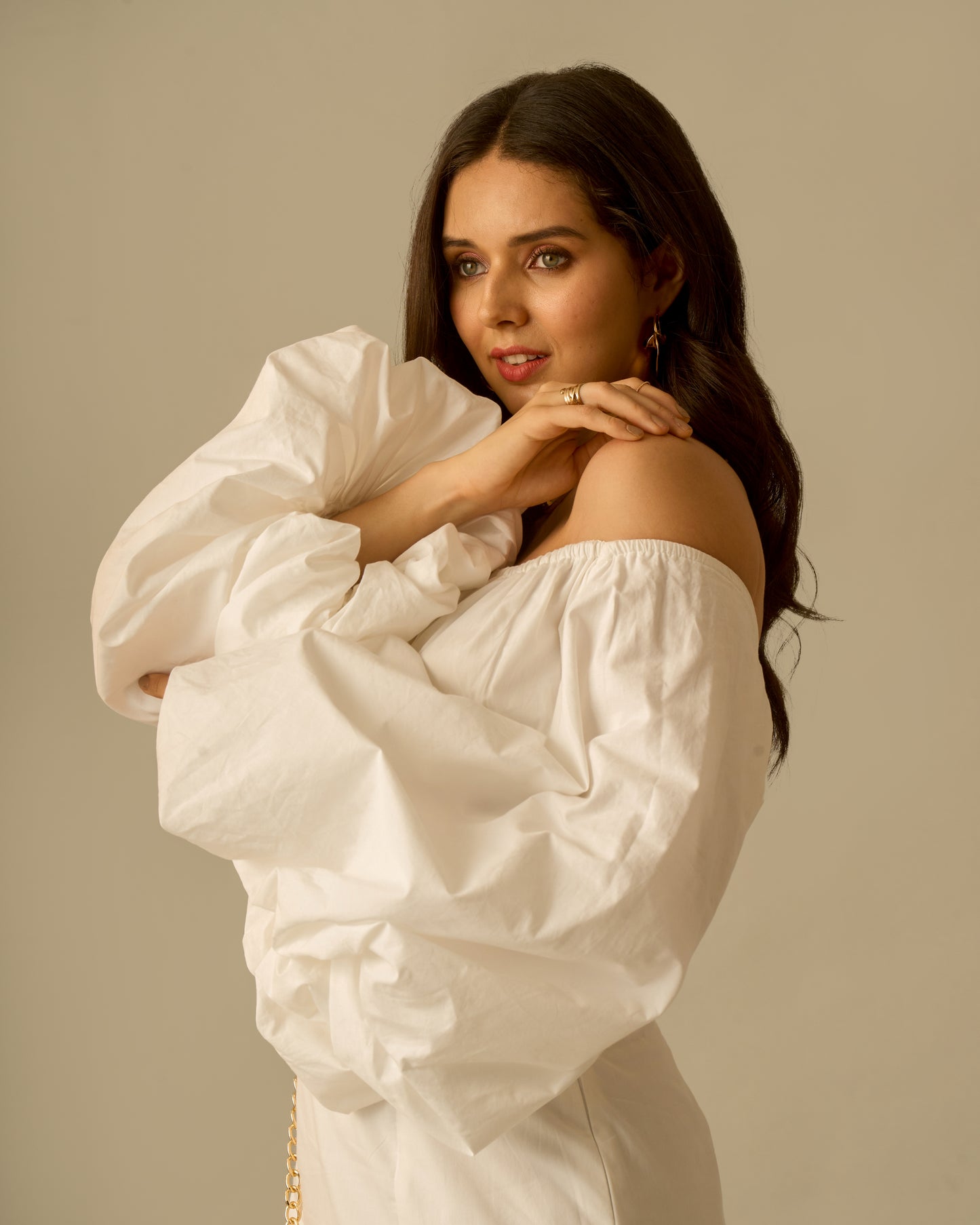 Crystal Moon White Puff Sleeve Coord Set for Women – Off-Shoulder Crop Top and High-Waisted Mini Skirt