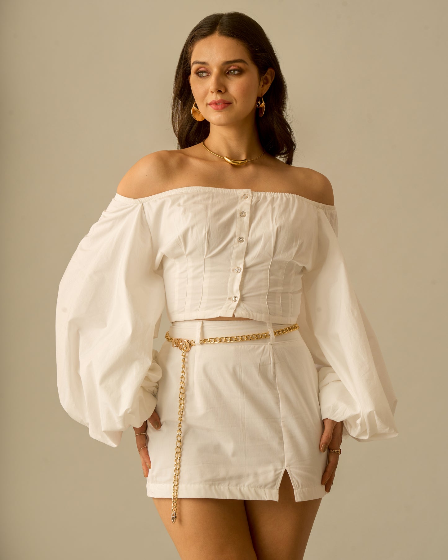 Crystal Moon White Puff Sleeve Coord Set for Women – Off-Shoulder Crop Top and High-Waisted Mini Skirt