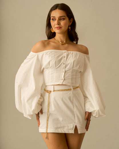 Crystal Moon White Puff Sleeve Coord Set for Women – Off-Shoulder Crop Top and High-Waisted Mini Skirt