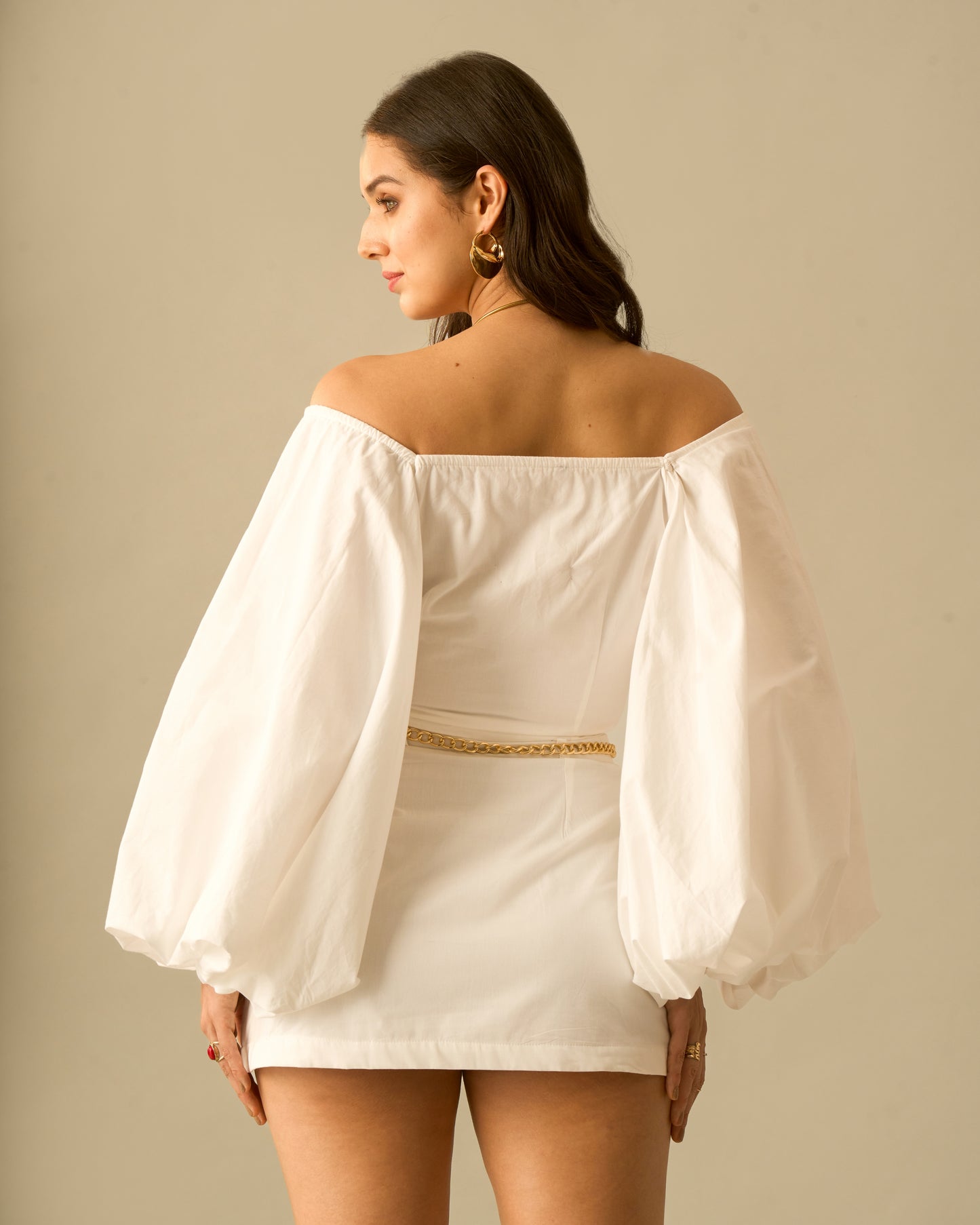 Crystal Moon White Puff Sleeve Coord Set for Women – Off-Shoulder Crop Top and High-Waisted Mini Skirt