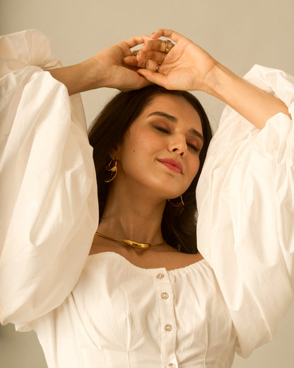 Crystal Moon White Puff Sleeve Crop Top – Off-Shoulder Cotton Blouse for Women