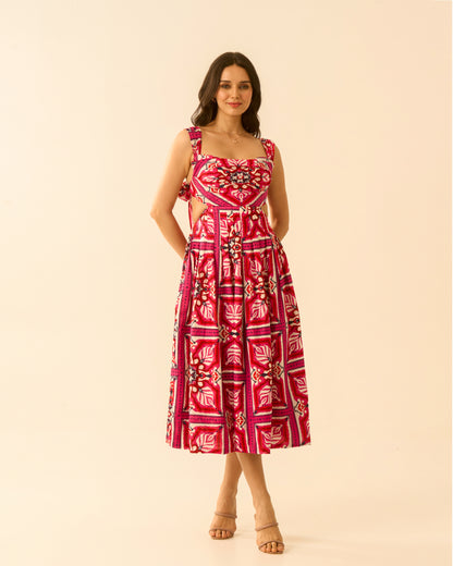 Floral Bliss Fuchsia Pink Cut-Out Midi Dress for Women – Sleeveless Tie-Back Floral Print Dress