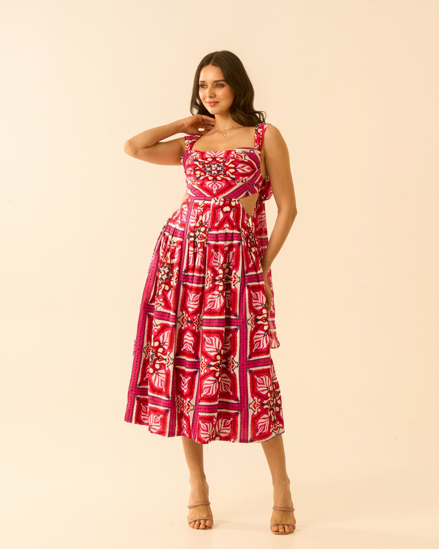 Floral Bliss Fuchsia Pink Cut-Out Midi Dress for Women – Sleeveless Tie-Back Floral Print Dress
