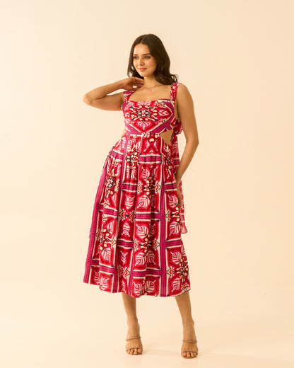 Floral Bliss Fuchsia Pink Cut-Out Midi Dress for Women – Sleeveless Tie-Back Floral Print Dress