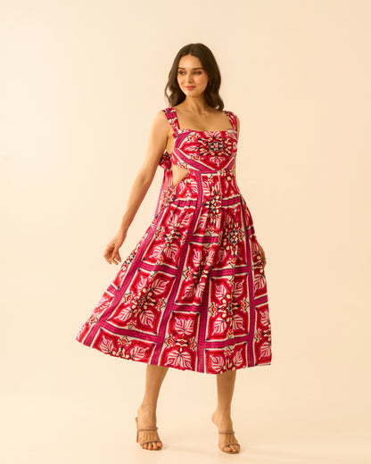 Floral Bliss Fuchsia Pink Cut-Out Midi Dress for Women – Sleeveless Tie-Back Floral Print Dress