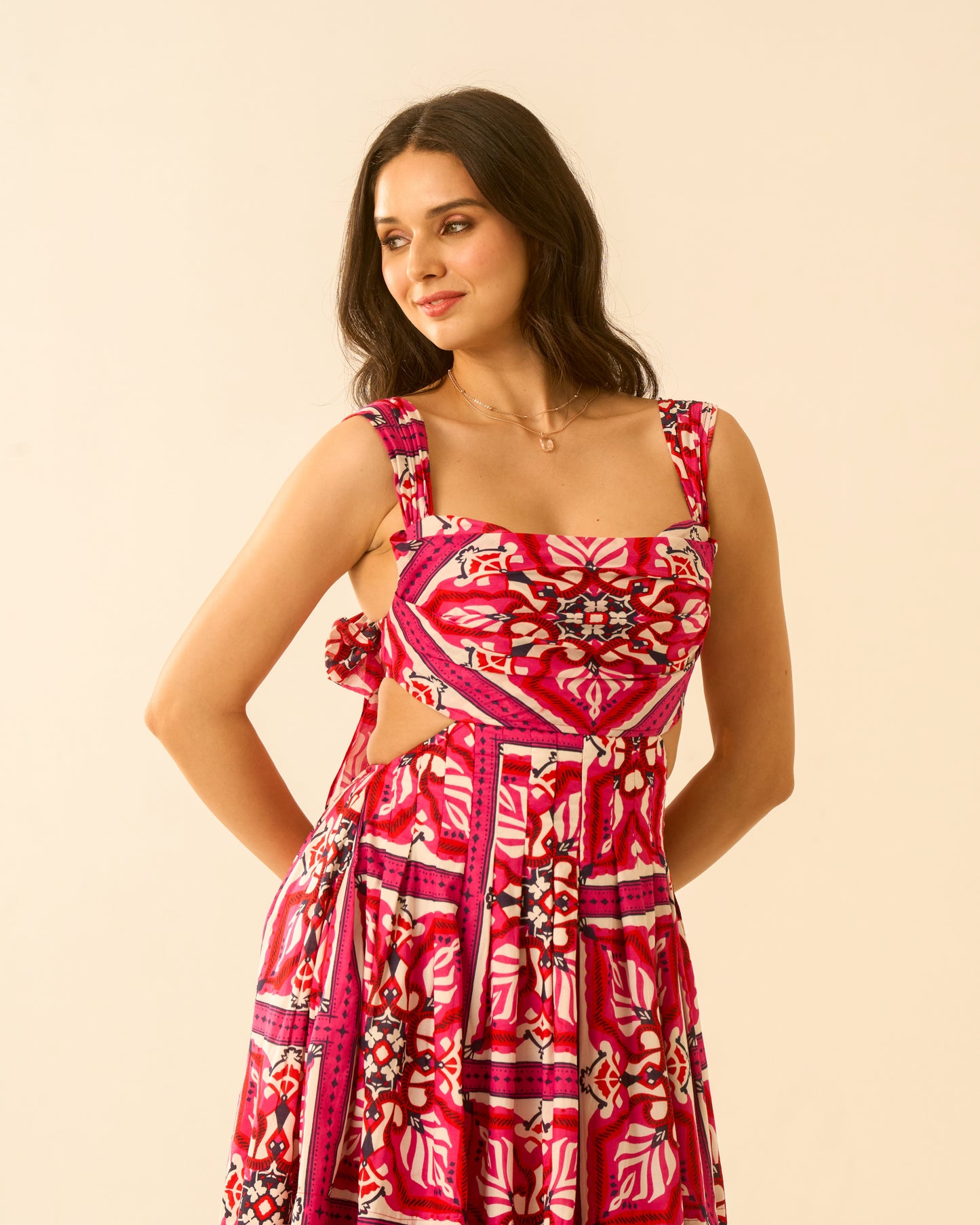 Floral Bliss Fuchsia Pink Cut-Out Midi Dress for Women – Sleeveless Tie-Back Floral Print Dress