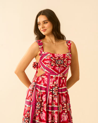 Floral Bliss Fuchsia Pink Cut-Out Midi Dress for Women – Sleeveless Tie-Back Floral Print Dress