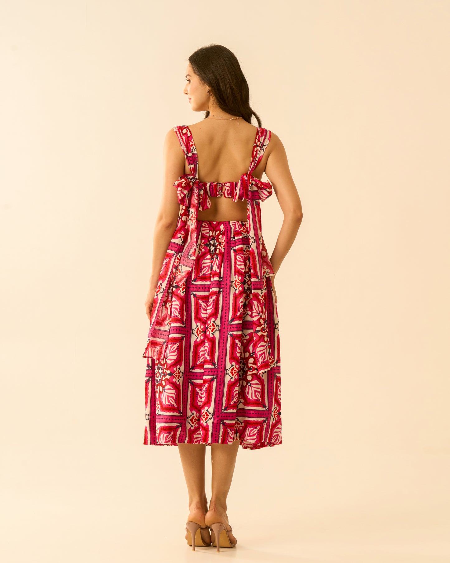 Floral Bliss Fuchsia Pink Cut-Out Midi Dress for Women – Sleeveless Tie-Back Floral Print Dress