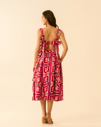 Floral Bliss Fuchsia Pink Cut-Out Midi Dress for Women – Sleeveless Tie-Back Floral Print Dress