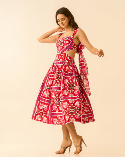 Floral Bliss Fuchsia Pink Cut-Out Midi Dress for Women – Sleeveless Tie-Back Floral Print Dress