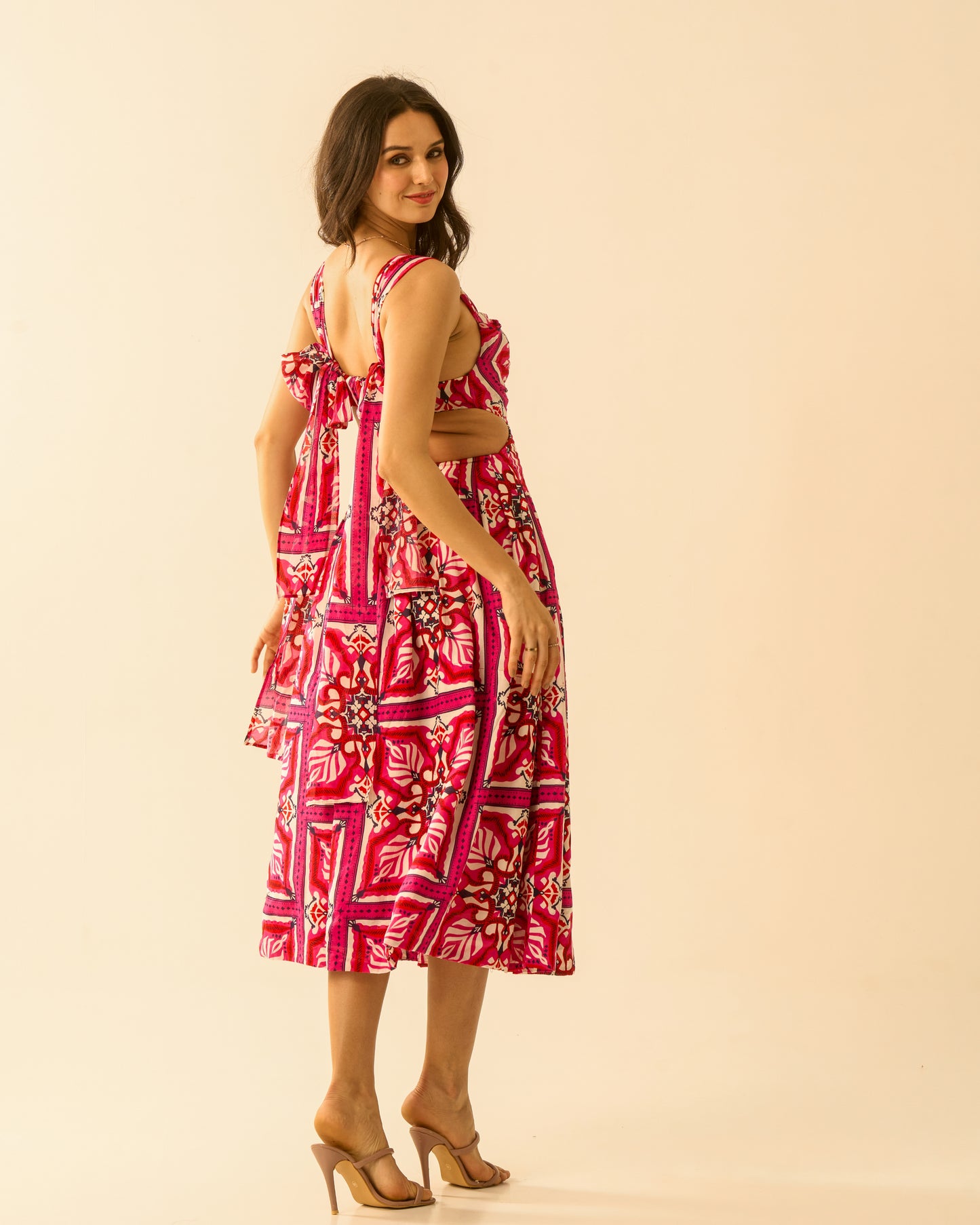 Floral Bliss Fuchsia Pink Cut-Out Midi Dress for Women – Sleeveless Tie-Back Floral Print Dress