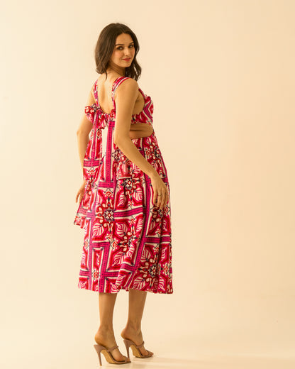 Floral Bliss Fuchsia Pink Cut-Out Midi Dress for Women – Sleeveless Tie-Back Floral Print Dress