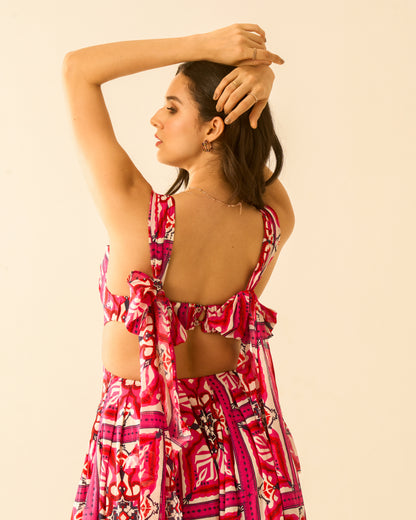 Floral Bliss Fuchsia Pink Cut-Out Midi Dress for Women – Sleeveless Tie-Back Floral Print Dress