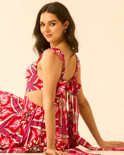 Floral Bliss Fuchsia Pink Cut-Out Midi Dress for Women – Sleeveless Tie-Back Floral Print Dress