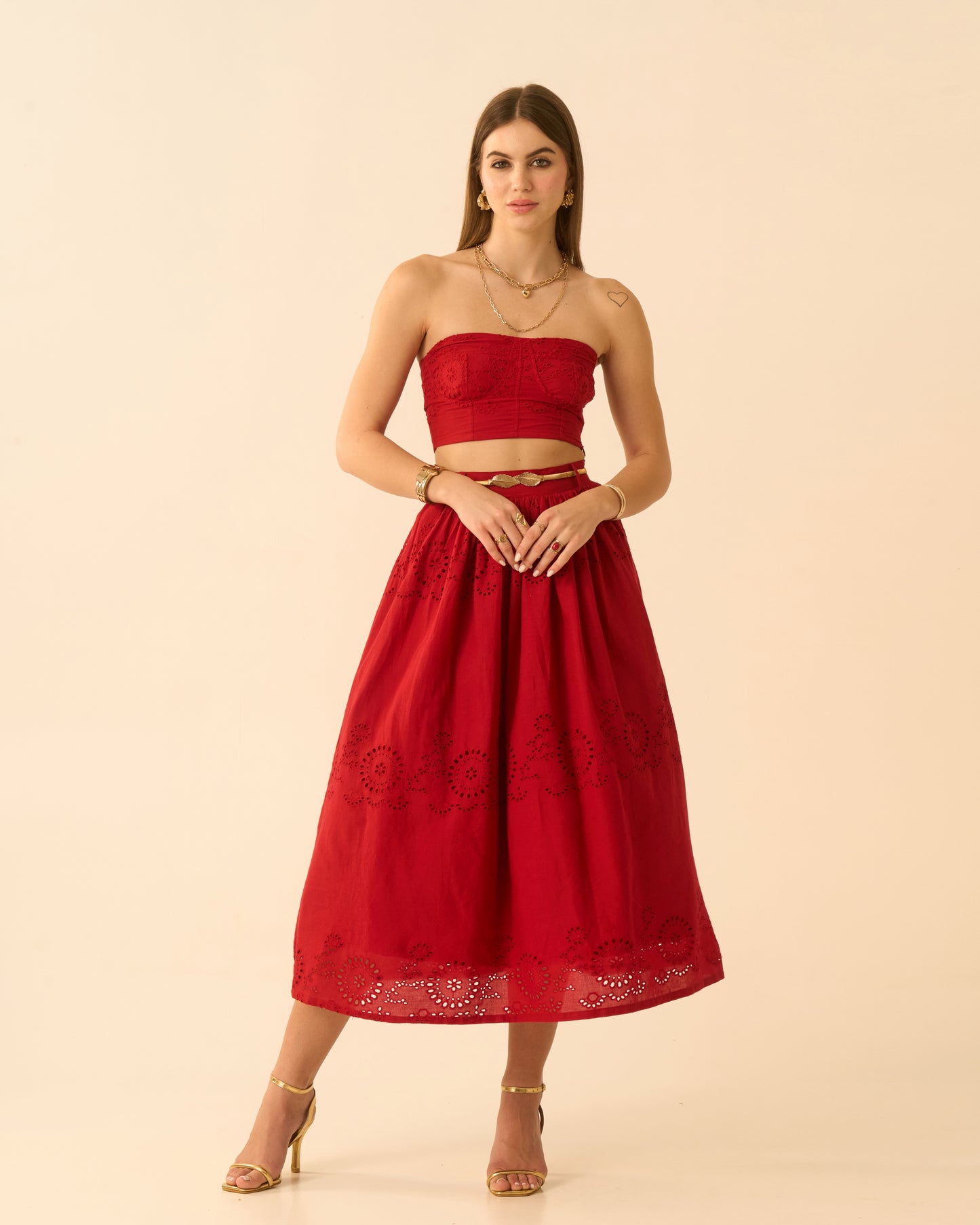 Heart’s Rush Red Schiffli Embroidered Midi Skirt for Women – High-Waist Flared Skirt